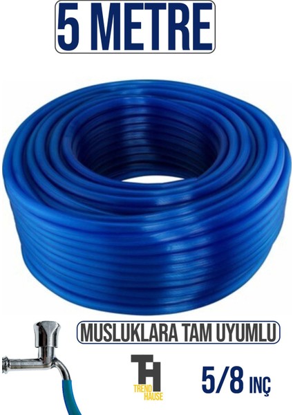 5/8 Silikonlu Dayanıklı Bahçe Hortumu (5 Metre) Mavi ( Musluklara Tam Uyumlu)