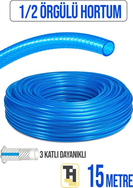 1/2 Örgülü Bahçe Hortumu Çatlamaz, Kırılmaz, Esnek (15 Metre) Mavi