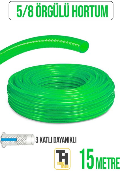5/8 Örgülü Bahçe Hortumu Çatlamaz, Kırılmaz, Esnek (15 Metre) Yeşil