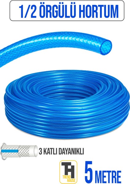 1/2 Örgülü Bahçe Hortumu Çatlamaz, Kırılmaz, Esnek (5 Metre) Mavi