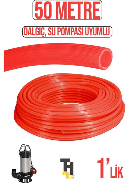 1'lik Silikonlu Dayanıklı Bahçe Hortumu (50 Metre) Kırmızı (Derin Kuyu, Dalgıç, Dinamo Uyumlu)