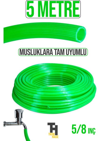 5/8 Silikonlu Dayanıklı Bahçe Hortumu (5 Metre) Yeşil (Musluklara Tam Uyumlu)