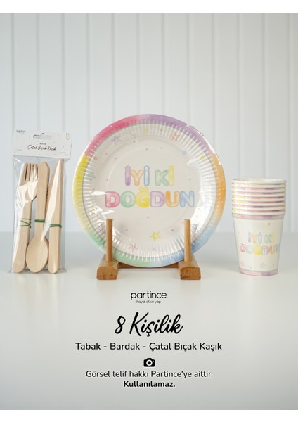 Makaron İyi Ki Doğdun Kullan At Tabak-Bardak-Çatal Kaşık Bıçak- Parti Seti 8 Kişilik 3'lü Set fırsatları
