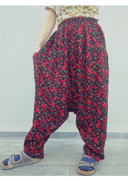 Viskon Basma Kumaş Çiçek Desenli Cepli Şalvar %100 Pamuk 38 Beden 100 Kiloya Kadar