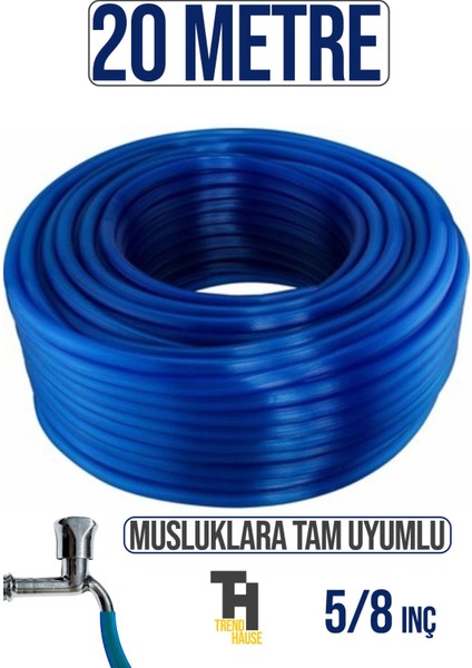 5/8 Silikonlu Dayanıklı Bahçe Hortumu (20 Metre) Mavi ( Musluklara Tam Uyumlu)