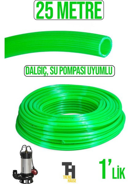 1'lik Silikonlu Dayanıklı Bahçe Hortumu (25 Metre) Yeşil (Derin Kuyu, Dalgıç, Dinamo Uyumlu)