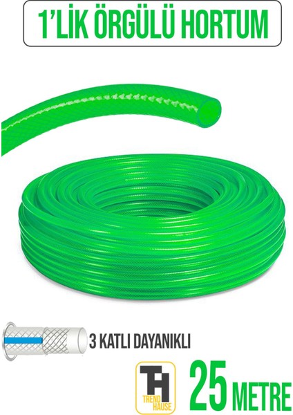 1'lik Örgülü Bahçe Hortumu Çatlamaz, Kırılmaz, Esnek (25 Metre) Yeşil