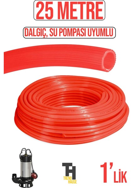 1'lik Silikonlu Dayanıklı Bahçe Hortumu (25 Metre) Kırmızı (Derin Kuyu, Dalgıç, Dinamo Uyumlu)