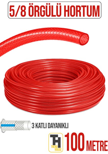 5/8 Örgülü Bahçe Hortumu Çatlamaz, Kırılmaz, Esnek (100 Metre) Kırmızı