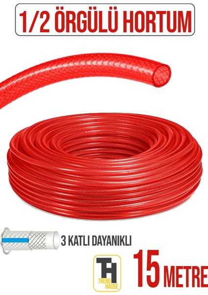 1/2 Örgülü Bahçe Hortumu Çatlamaz, Kırılmaz, Esnek (15 Metre) Kırmızı