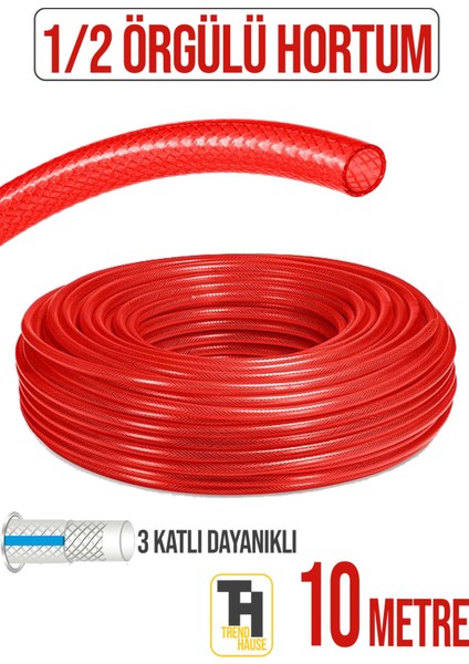 1/2 Örgülü Bahçe Hortumu Çatlamaz, Kırılmaz, Esnek (10 Metre) Kırmızı