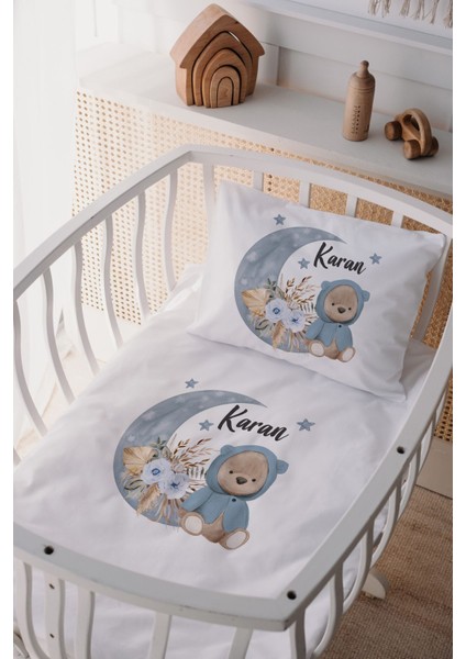 %100 Pamuk Saten Isimli Anne Yanı Beşik Nevresim Takımı Mavi Ayıcık