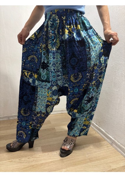 Viskon Basma Kumaş Çiçek Desenli Cepli Şalvar %100 Pamuk 38 Beden 100 Kiloya Kadar