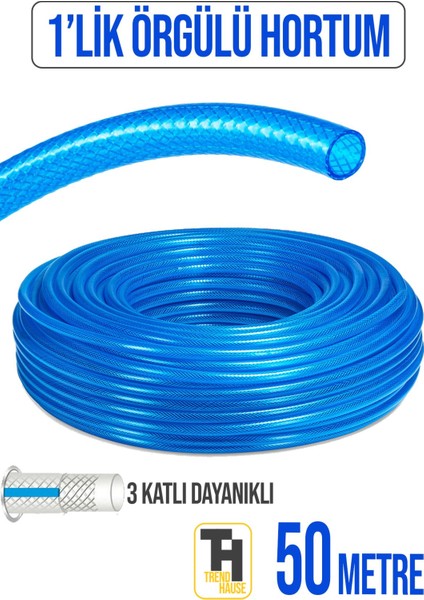 1'lik Örgülü Bahçe Hortumu Çatlamaz, Kırılmaz, Esnek (50 Metre) Mavi