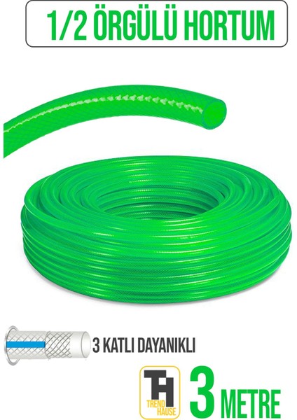 1/2 Örgülü Bahçe Hortumu Çatlamaz, Kırılmaz, Esnek (3 Metre) Yeşil