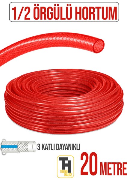 1/2 Örgülü Bahçe Hortumu Çatlamaz, Kırılmaz, Esnek (20 Metre) Kırmızı