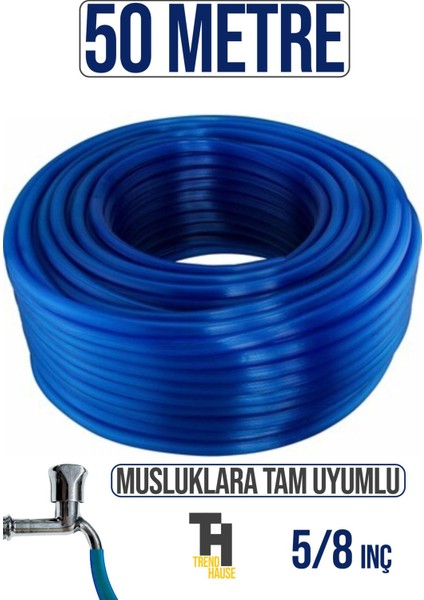 5/8 Silikonlu Dayanıklı Bahçe Hortumu (50 Metre) Mavi ( Musluklara Tam Uyumlu)
