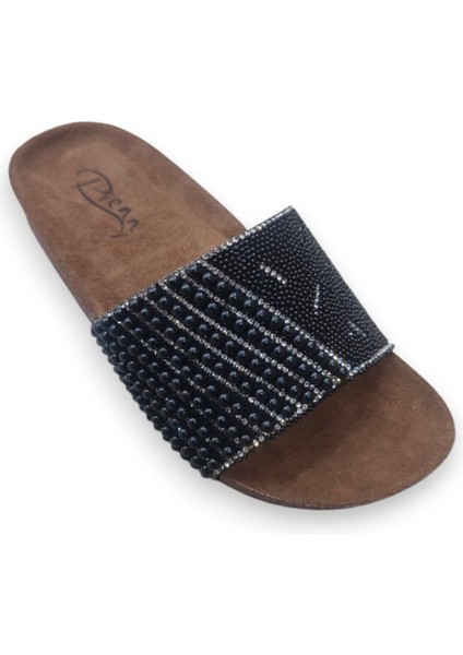 064 Siyah Toplu Taşlı Şık Günlük Kadın Terlik