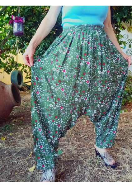 Viskon Basma Kumaş Çiçek Desenli Cepli Şalvar %100 Pamuk 38 Beden 100 Kiloya Kadar