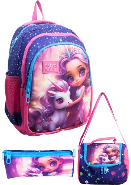 3 Bölmeli Kalemlikli ve Beslenmeli Ilk Okul Çantası Su Geçirmez Full Astarlı Prenses