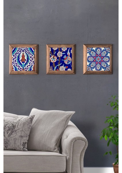 Turuncu 3'lü Ahşap Çerçeveli Taş ve Seramik Tablo Seti 28X28 cm