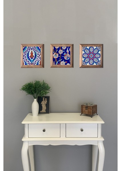 Turuncu 3'lü Ahşap Çerçeveli Taş ve Seramik Tablo Seti 28X28 cm modelleri