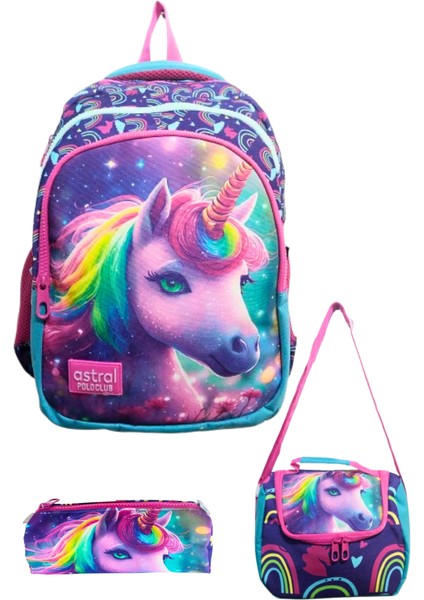 3 Bölmeli Kalemlikli ve Beslenmeli Ilk Okul Çantası Su Geçirmez Full Astarlı Unicorn
