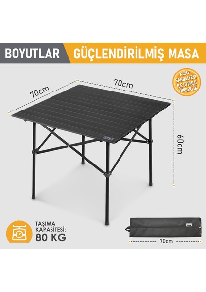 Güçlendirilmiş Alüminyum Katlanır Kamp Masası, Outdoor Masa, Piknik Masası 70X70X60CM Siyah fiyatları