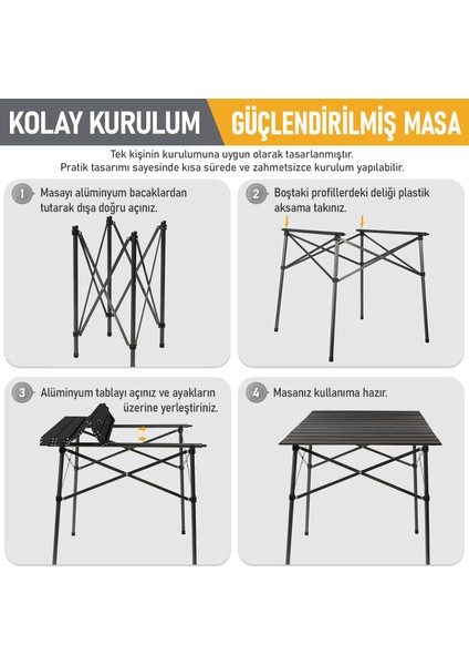 Güçlendirilmiş Alüminyum Katlanır Kamp Masası, Outdoor Masa, Piknik Masası 70X70X60CM Siyah