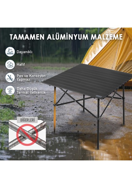 Güçlendirilmiş Alüminyum Katlanır Kamp Masası, Outdoor Masa, Piknik Masası 70X70X60CM Siyah
