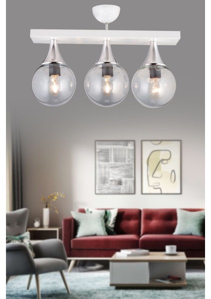 Şık 3'lü Sıralı Plafonyer, Füme Glop Top Cam, Krom Detay, Aşağı Bakan Modern Avize