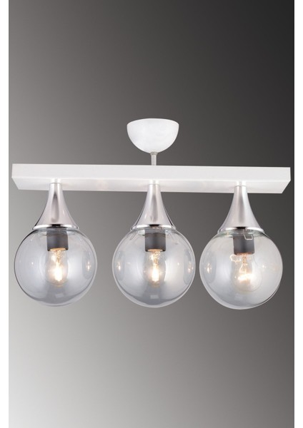 Şık 3'lü Sıralı Plafonyer, Füme Glop Top Cam, Krom Detay, Aşağı Bakan Modern Avize fiyatları