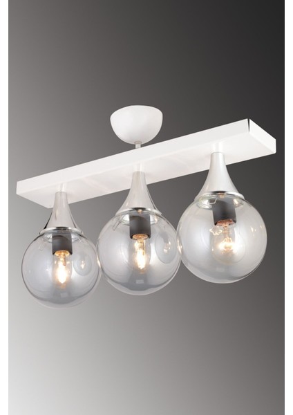 Şık 3'lü Sıralı Plafonyer, Füme Glop Top Cam, Krom Detay, Aşağı Bakan Modern Avize modelleri