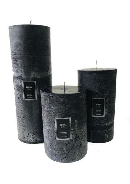 Silindir Mum Seti, Siyah, Rustik, 3'lü, Çap 10 Cm, Boylar 15-25 cm