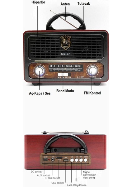 Ahşap Görünüm Nostalji Radyo, Bluetooth, Usb, Sd Kart, Fişli, Şarjlı ve Pilli