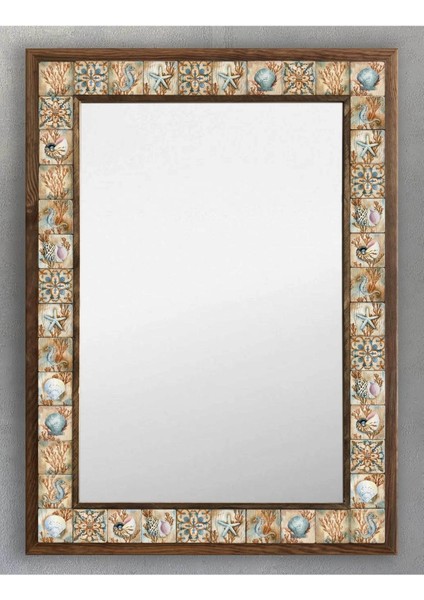Turuncu Ahşap Çerçeveli Mozaik Ayna 53X73 cm Deniz Yıldızı ve Kabuğu Detaylı