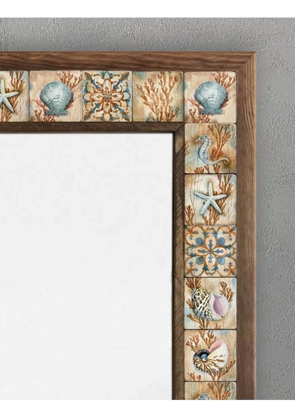 Turuncu Ahşap Çerçeveli Mozaik Ayna 53X73 cm Deniz Yıldızı ve Kabuğu Detaylı fiyatları