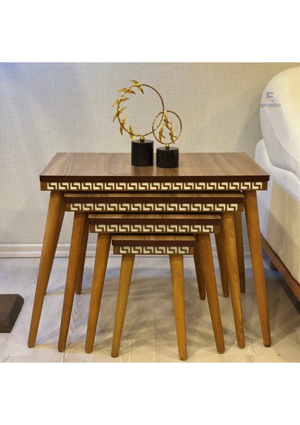 Evim Mobilya Lüks 1. Sınıf Mdf Oymalı 4’lü Zigon Sehpa Seti – Beyaz & Ceviz, Modern Tasarım