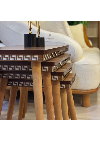 Evim Mobilya Lüks 1. Sınıf Mdf Oymalı 4’lü Zigon Sehpa Seti – Beyaz & Ceviz, Modern Tasarım fırsatları