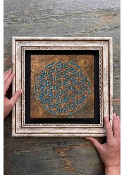 Renkli Taş Çerçeveli Tablo 30X30 cm Lotus ve Sri Yantra Dekorasyonu fiyatları