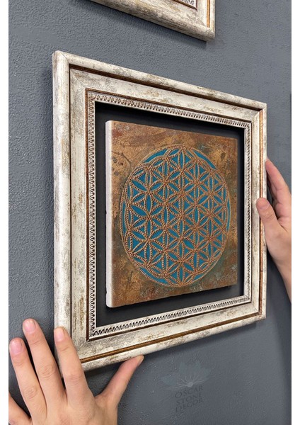 Renkli Taş Çerçeveli Tablo 30X30 cm Lotus ve Sri Yantra Dekorasyonu modelleri