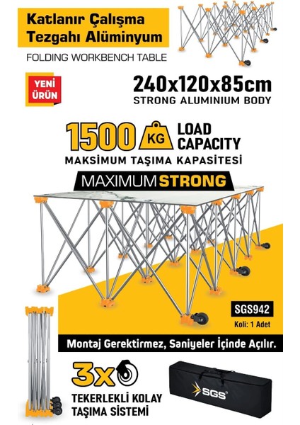 SGS942 - Seramik Fayans Katlanır Çalışma Tezgahı Alüminyum 240 x 120 x 185CM fiyatları