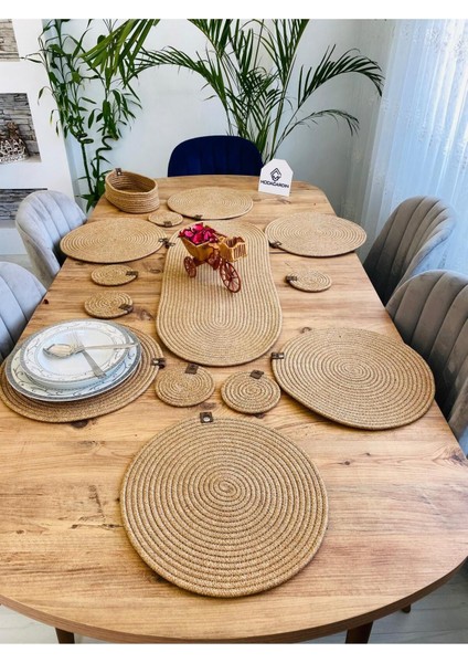 Haki Jüt Hasır Sunum Tabak Altlığı Seti, Sepet ve Bardaklık, Şık ve Doğal Tasarım
