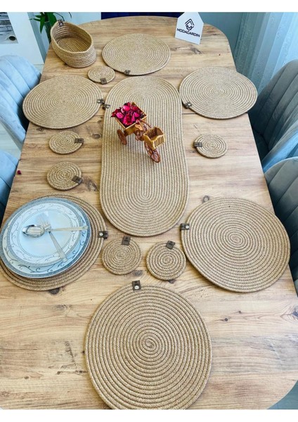 Haki Jüt Hasır Sunum Tabak Altlığı Seti, Sepet ve Bardaklık, Şık ve Doğal Tasarım fiyatları