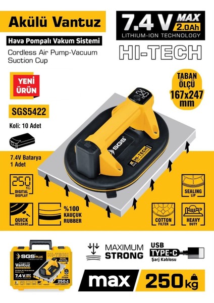 SGS5422 - 250 kg Akülü Vakumlu Seramik Ahşap Cam Taşıma Vantuzu 7.4 Volt 2 Amper fiyatları