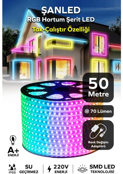Rgb Hortum Esnek Şerit LED + 220V FIŞ/1,2,3,4,5,10,15,20,25,50,100 Metre