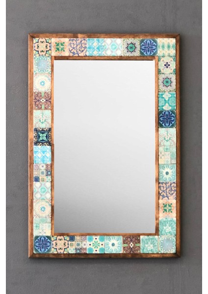 Turuncu Tonlarda Masif Çerçeveli Mozaik Taş Ayna 43X63 Cm, Etnik Desenli