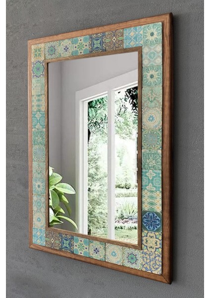 Turuncu Tonlarda Masif Çerçeveli Mozaik Taş Ayna 43X63 Cm, Etnik Desenli