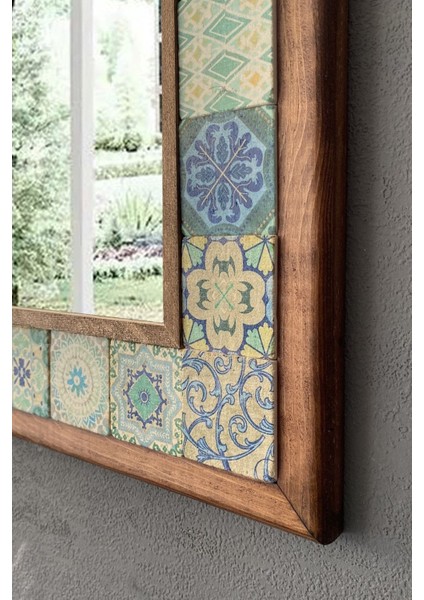 Turuncu Tonlarda Masif Çerçeveli Mozaik Taş Ayna 43X63 Cm, Etnik Desenli