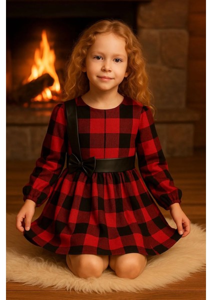 Kız Çocuk Elbise Kırmızı Siyah Ekose Desen Kuşak ve Fiyonk Deri Detaylı Uzun Kollu 3-8 Yaş